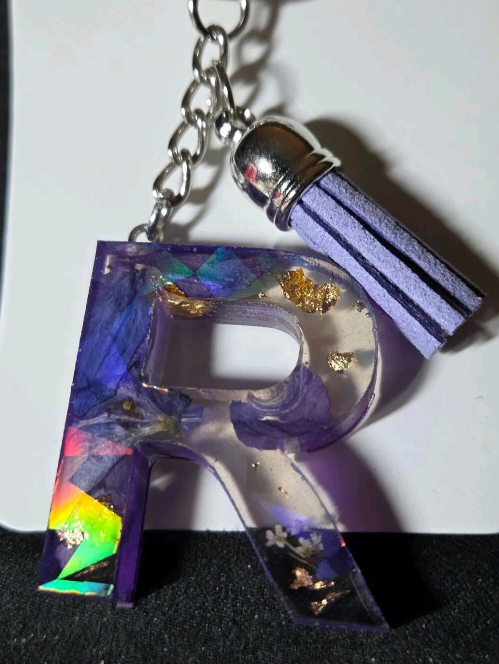 Purple Resin Letter R Key & Tassel Keychain